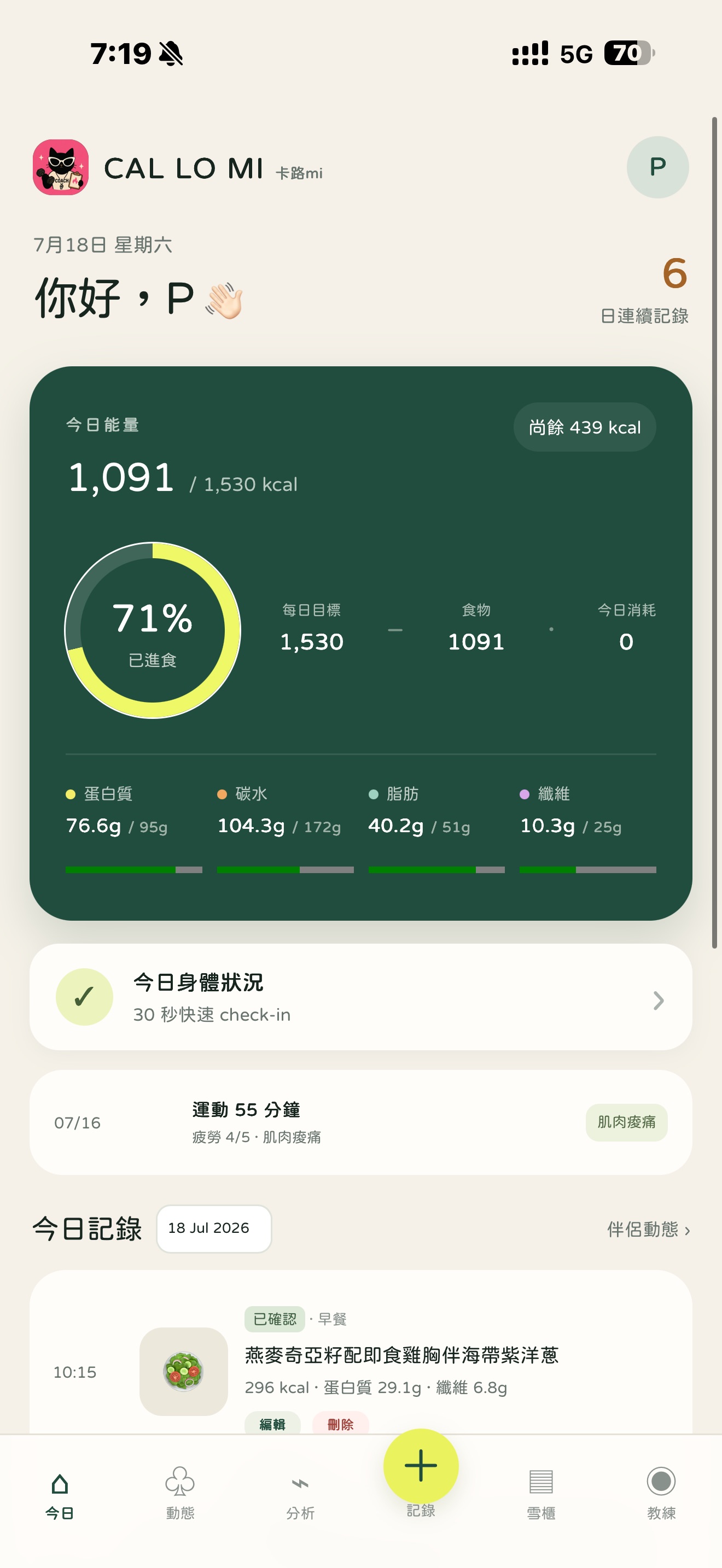 CAL LO MI daily nutrition dashboard